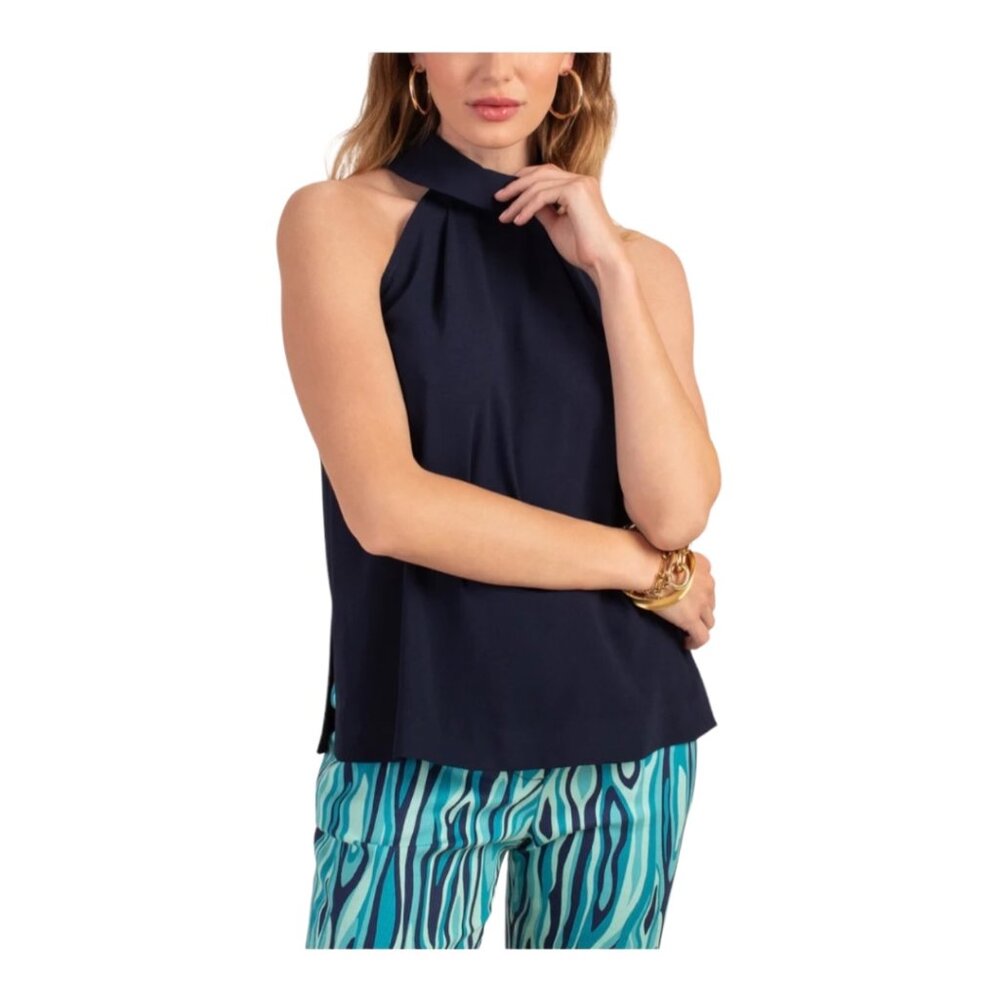 Trina Turk XS Indigo Navy Ikepono Sleeveless Mock Neck Racerback Top